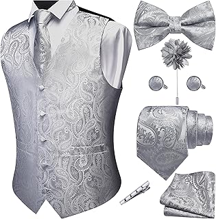 GUSLESON Men's V-Neck Suit Vests Formal Men Vest Paisley Jacquard Tie Waistcoat Bow tie Hanky Set Wedding 7PCS