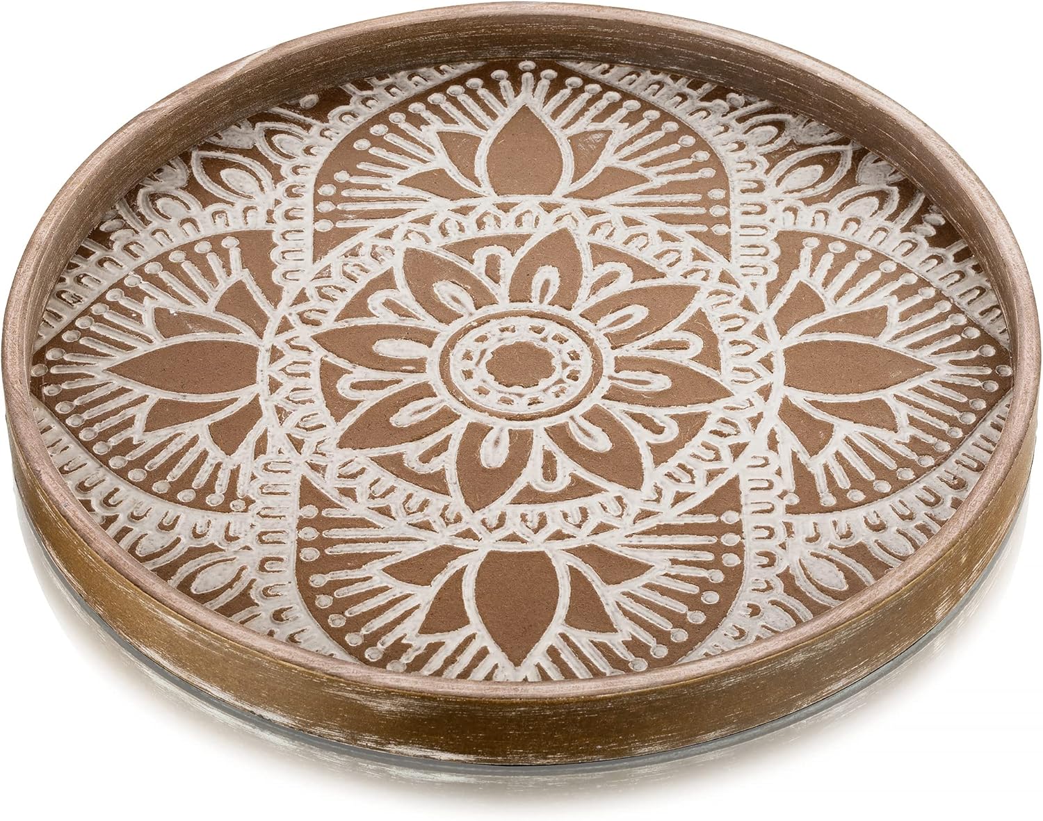 Hanobe Round Decorative Tray for Centerpiece: Boho Coffee Table Trays for Home Decor - Farmhouse Wood Serving Platter Rustic Circle Bohemian for Kitchen Counter Women