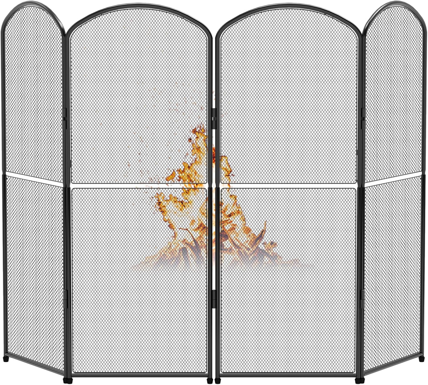 SHINOSKE 4-Panel Fireplace Screen,47.8" W x 31" H Black Metal Foldable Fireplace Cover,Decorative Mesh Fire Spark Guard Cover for Living Room Home Indoor Decor,Baby Proof,Easy Assembly