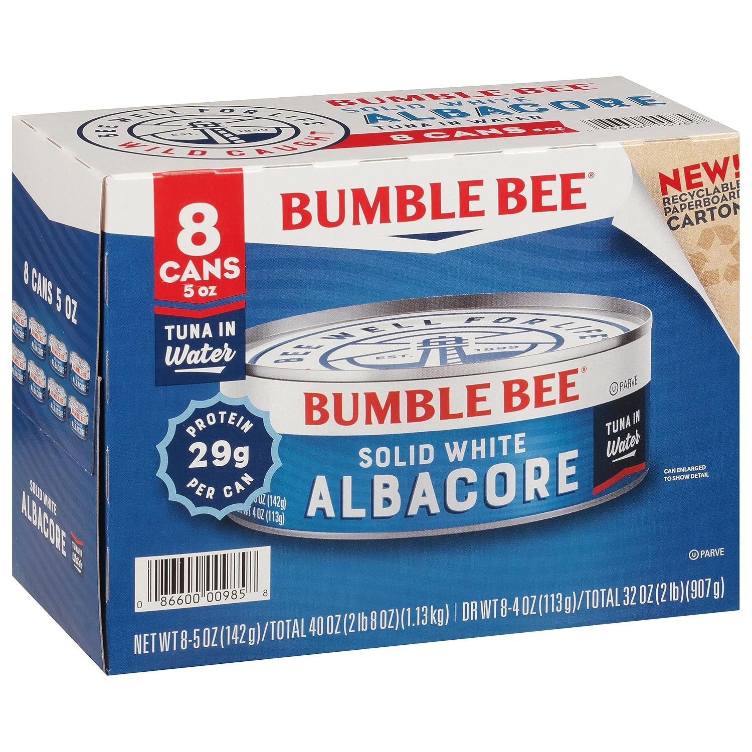 Bumble Bee Solid White Albacore Tuna in Water, 5 oz Can (Pack of 8) - Wild Caught Tuna - 29g Protein per Serving, High in Omega-3s - Non-GMO Project Verified, Gluten Free, Kosher