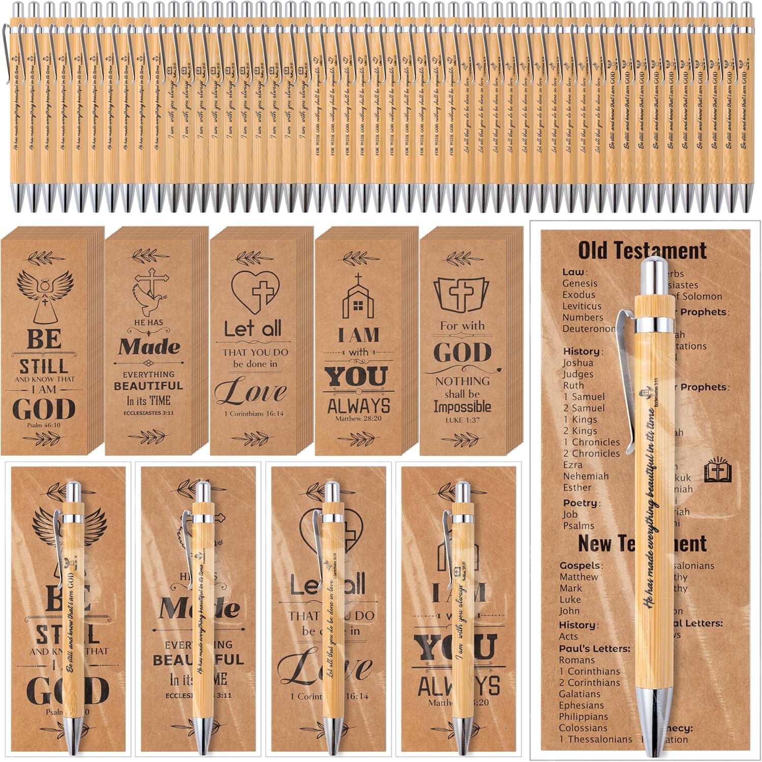 Haooryx Christian Bible Pen Bookmark - 50-Piece Christian Bible Verse Bamboo Inspirational Pen Scripture Biblical Bookmark Set Sunday School Church Religious Multi-Item Party Favor Packs Gifts Bulk