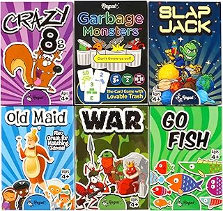 Regal Games Card Games for Kids - Go Fish, Crazy 8's, Old Maid, Slap Jack, Garbage Monster, War - Simple & Fun Classic Family Table Games - Games May Vary (6 Set)