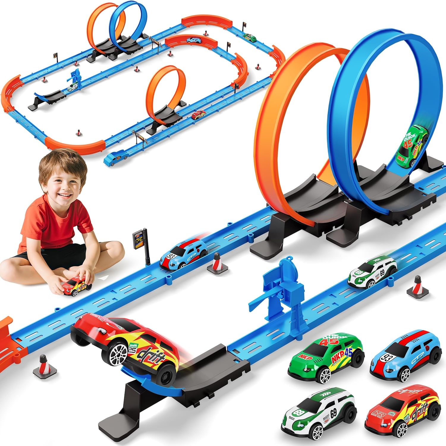 ‌Slot Car Race Track Sets with 360° Thrill Loops & 4 High-Speed Cars, 64 Pcs Large Flexible Racing Track for Kids Ages 3-5 4-8 8-12, Race Car Toys Gift for Boys Girls Birthday Christmas