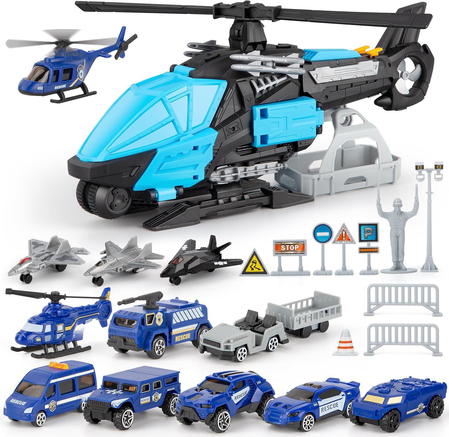 Police Rescue Helicopter Toy Set with Vehicles, Fighter Jets, Airplane and Roadblocks, Police Patrol Car Toy for Boys