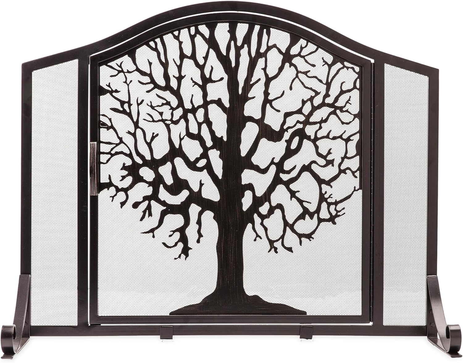 Plow & Hearth Metal Fireplace Screen Tree of Life Black | 38" W x 31" H | Magnetic Hinged Door | Spark Guard Cover | Stand Alone Wrought Iron Panel Fire Place Cover