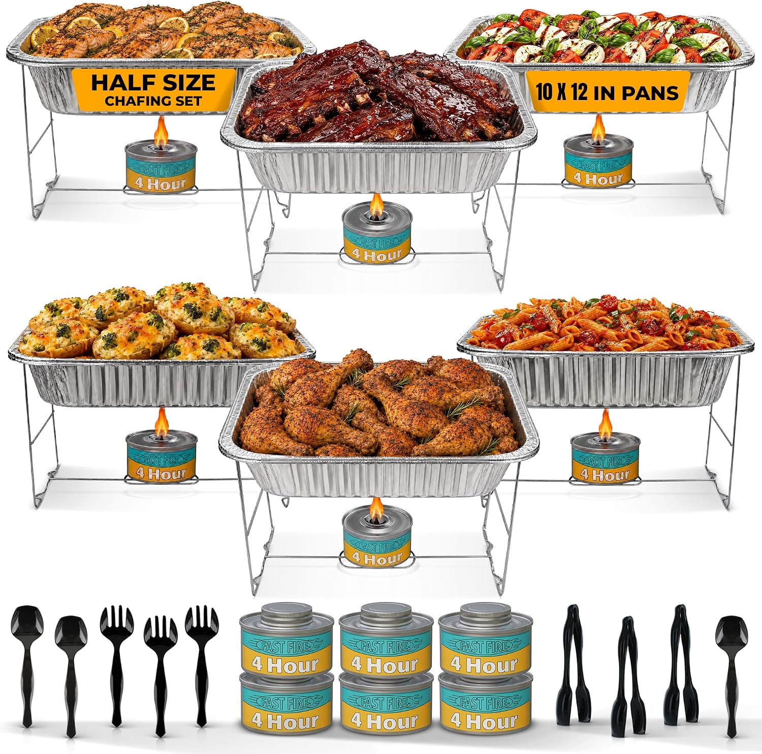 Disposable Chafing Dish Buffet Set, 6 Pack Half Size 10 x 12 Inch Food Pans