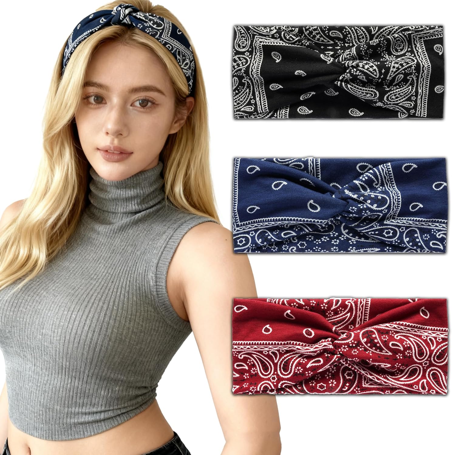 3 Pack Sport Headbands for Women, Soft Elastic Non-Slip Fabric Hairbands, Cotton Sweat-Absorbent Hair Wraps for Daily Workout, Running, Yoga and Makeup