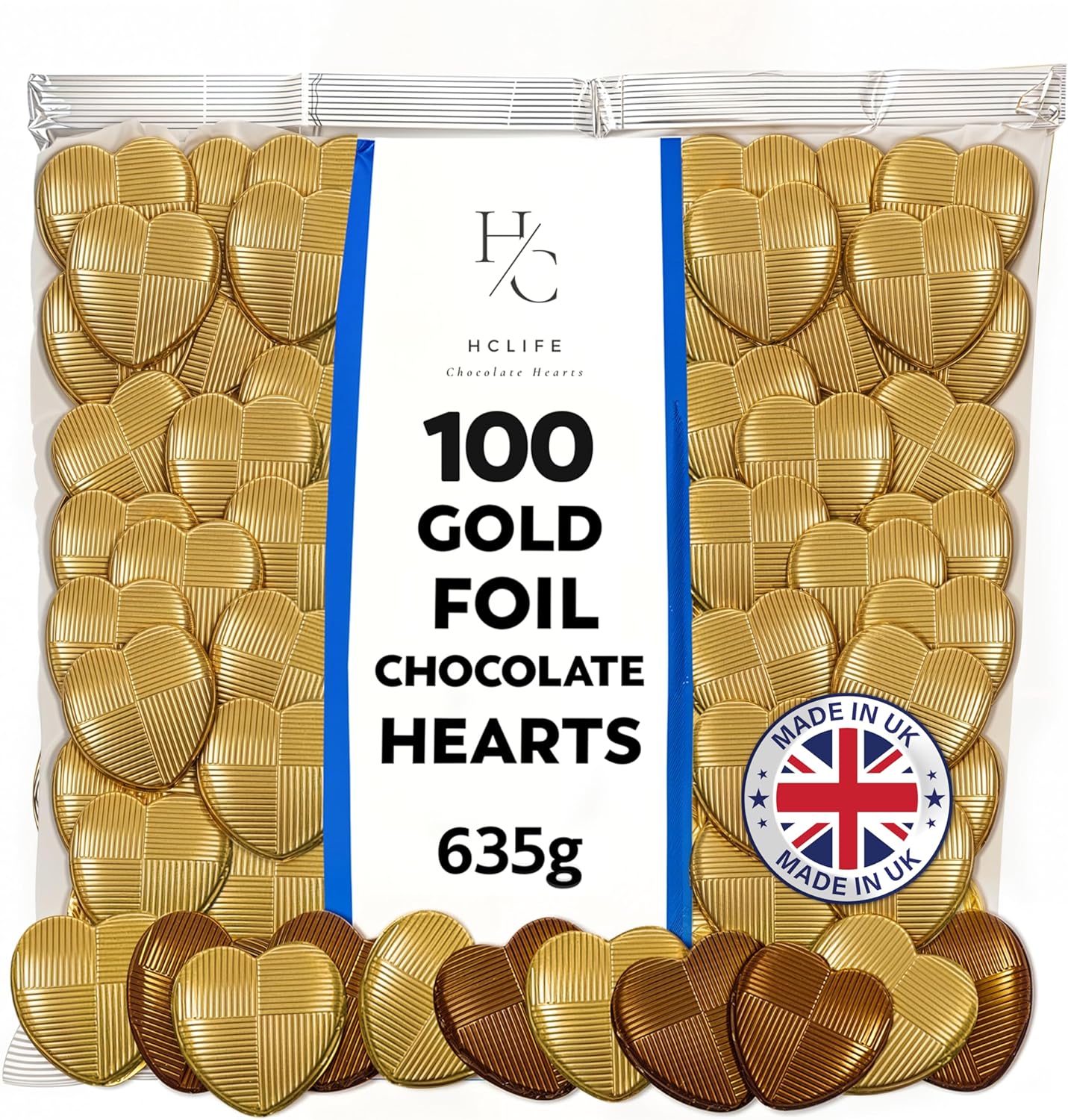 100 Milk Chocolate Hearts - Gold foil Mothers Day Chocolates - Creamy Wedding Party Table Favours - Ideal for Parties, Birthdays, Anniversaries, Valentine's Day Chocolates