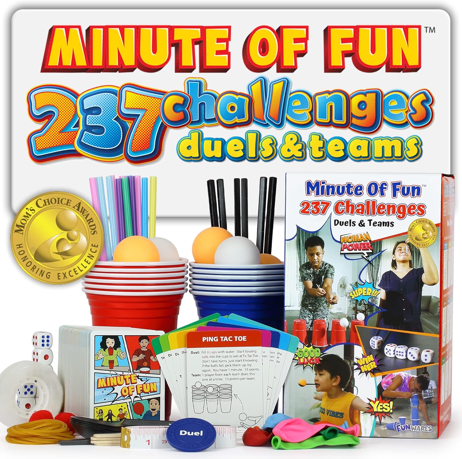 Funwares Minute of Fun Game - 237 Minute to Win It Games for Kids, Adults, Teens, and Families, Game Night, Gift for Home, Birthdays, or Travel is Included, 2-12 Players!