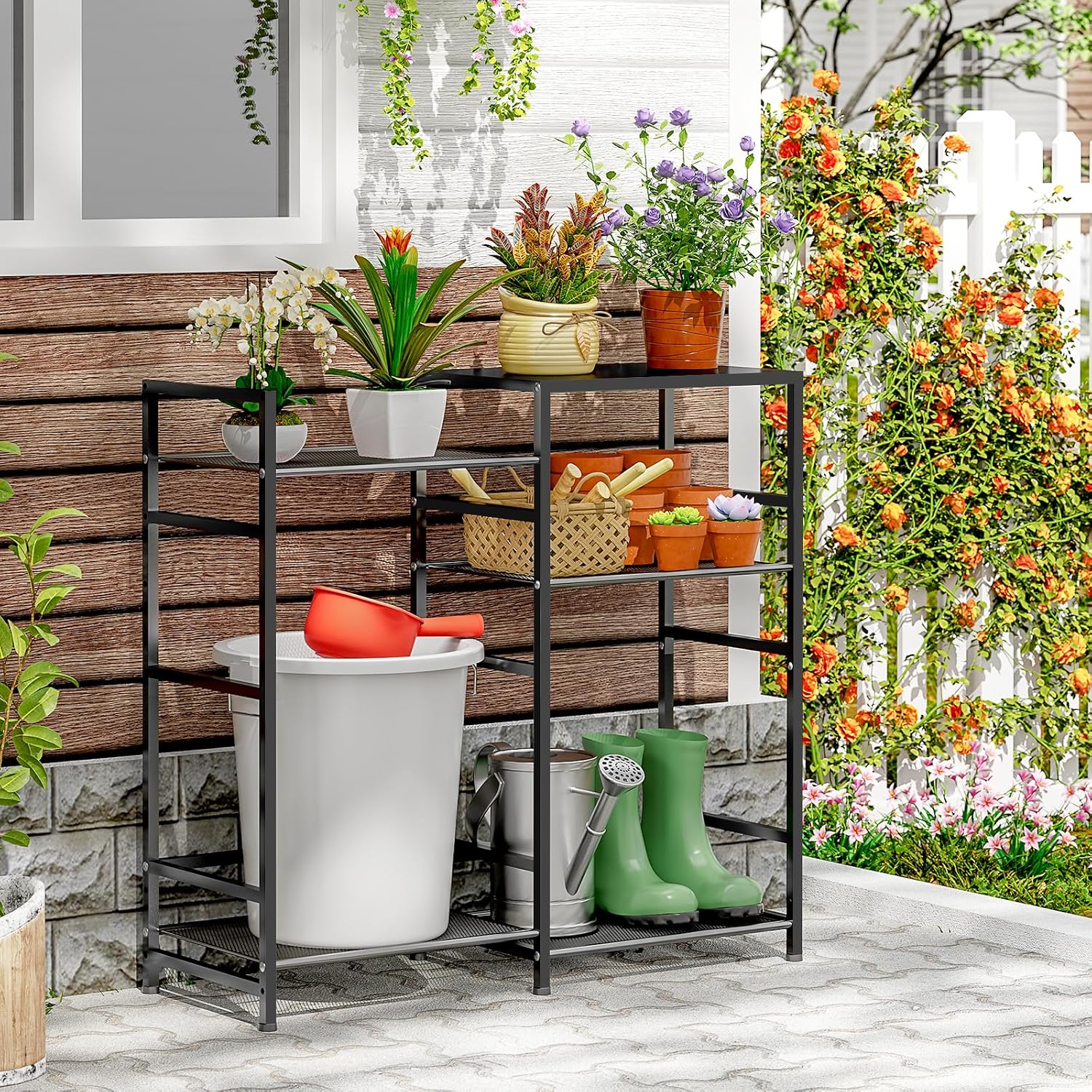 ThreeHio Potting Bench Table, Outdoor Garden plant stand table with storage, garden work bench station Garden tools organizer shelf