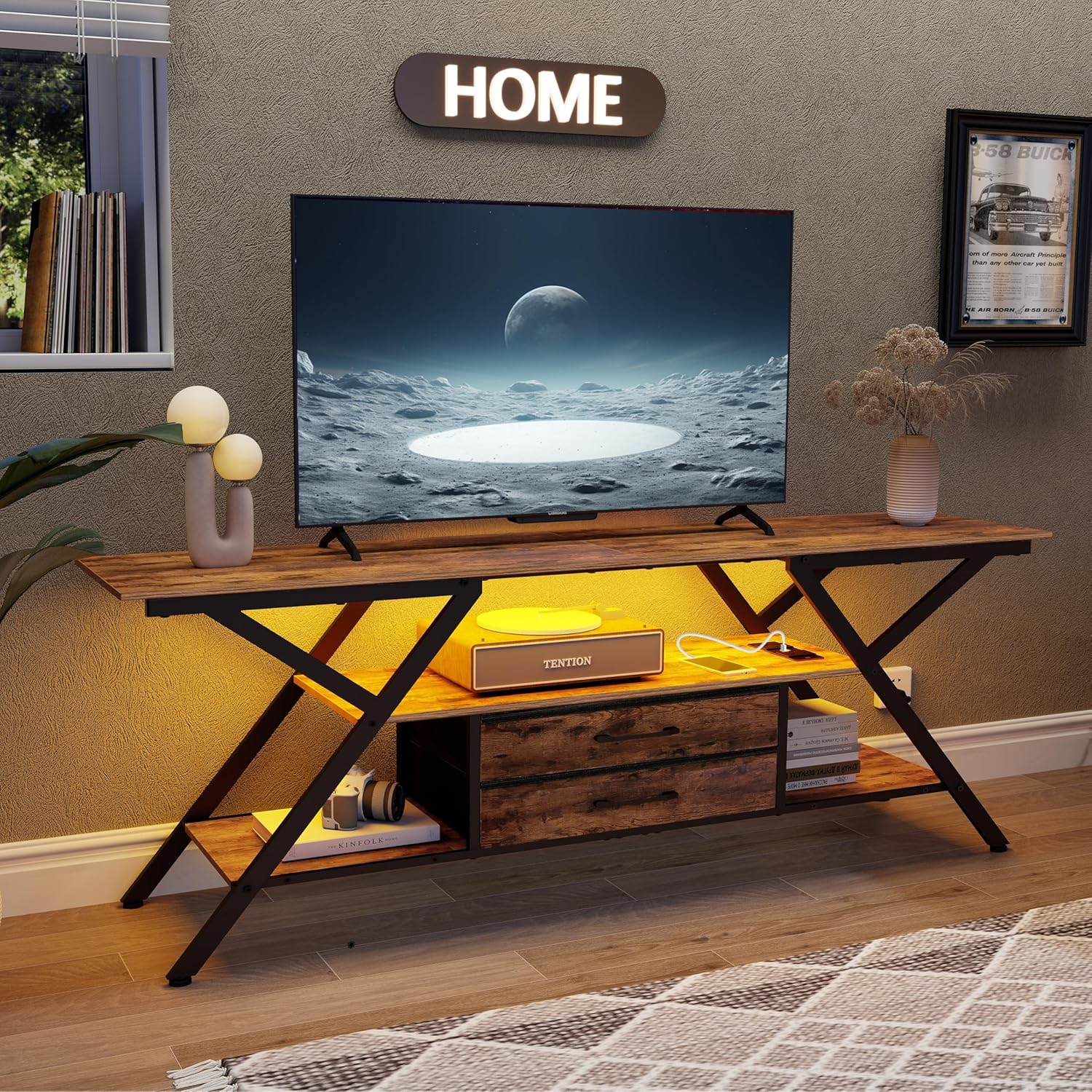 Trironsun Rustic 55" TV Stand for TV up to 65 Inch TV Console with Power Outlet and LED Light TV Cabinet 2 Storage Fabric Drawers Entertainment Center for Bedroom Living Room