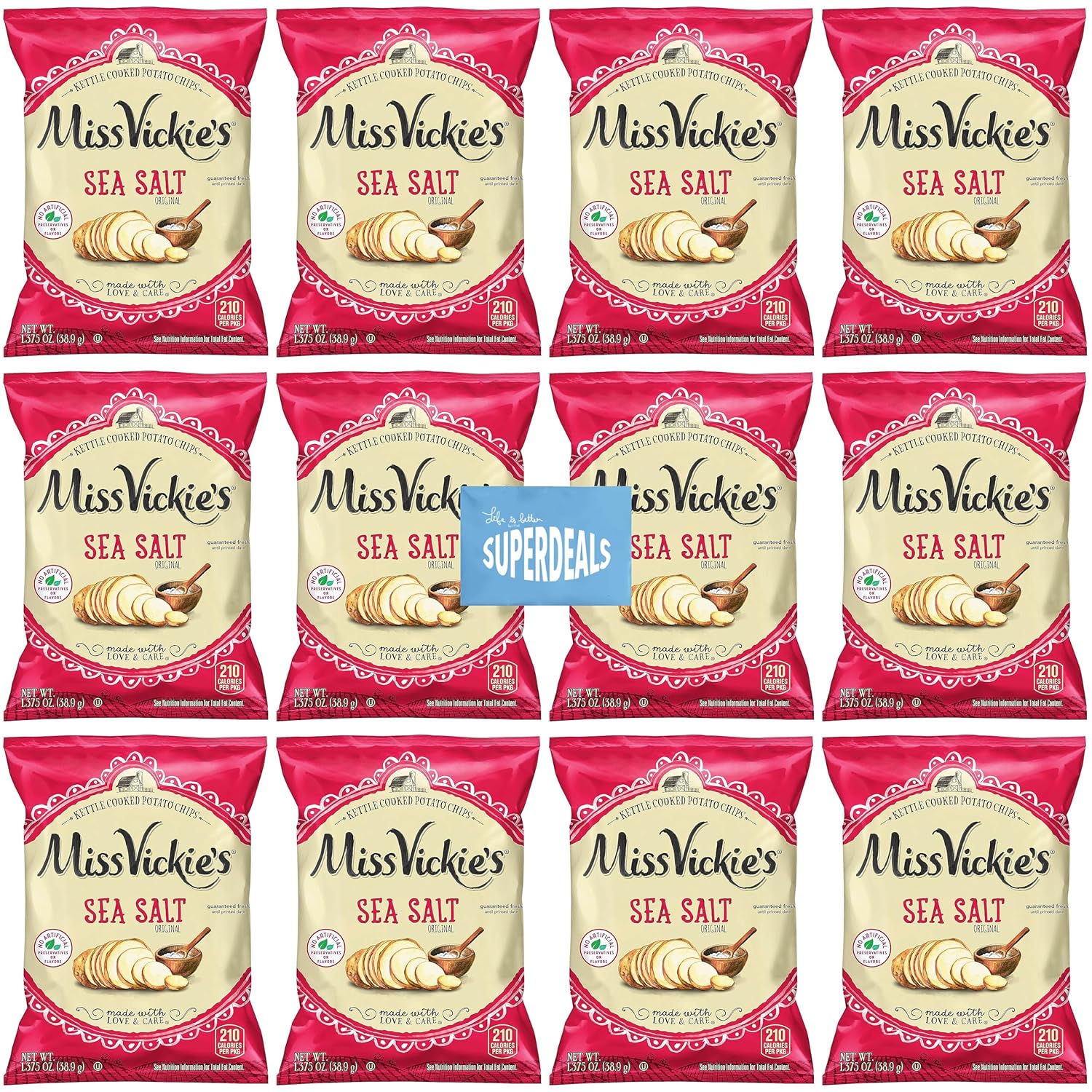 Kettle Cooked Potato Chips by Miss Vickie's Value Pack Bundled by SUPERDEALS | 1.375 Oz Bag | Sea Salt | Pack of 12 with mystery bonus gift