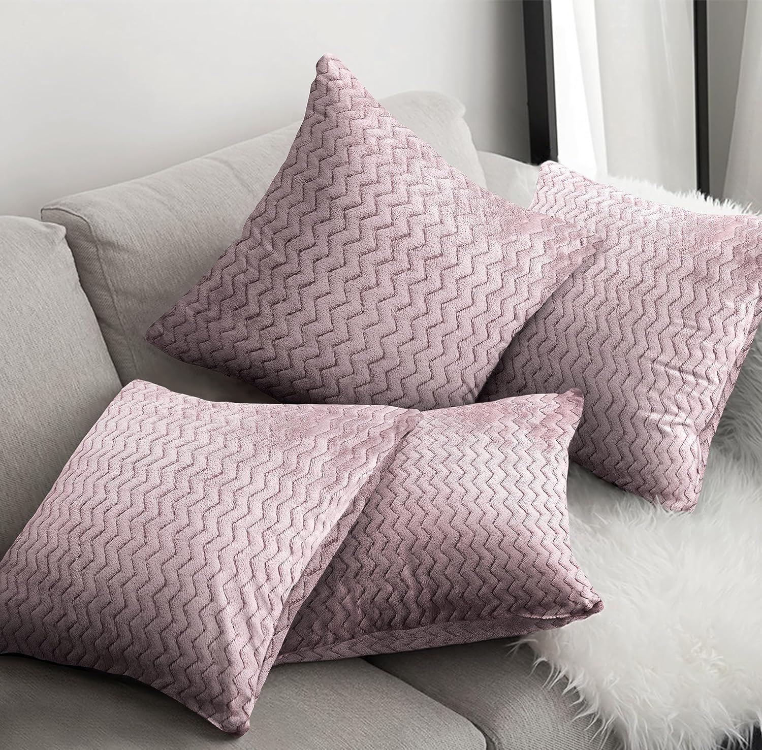 Velosso Pack of 4 Bounceback Filled Cushions Chevron Pattern with Zip Closing - Premium Hollow Fibre Filling - Decorative Scatter Pillows for Sofa Bed - Suitable for Any Room (Mauve)