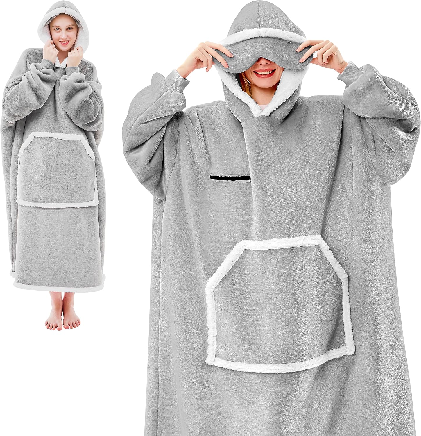 Wearable Blanket Hoodie, Oversized Sherpa Fleece Hooded Sweatshirt with Eye Mask, Cozy and Giant Blanket Hoodie with Sleeves Extra Long for Adults Men Women, Grey