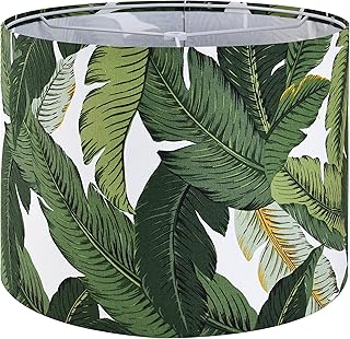 Tropical Lamp Shades - Natural Burlap Drum Lampshades with Greenery Leaf Print - 13" Top x 13" Bottom x 10" High - Ideal for Table & Floor Lamps - Hand Crafted - Farmhouse Decor - Assembly Required