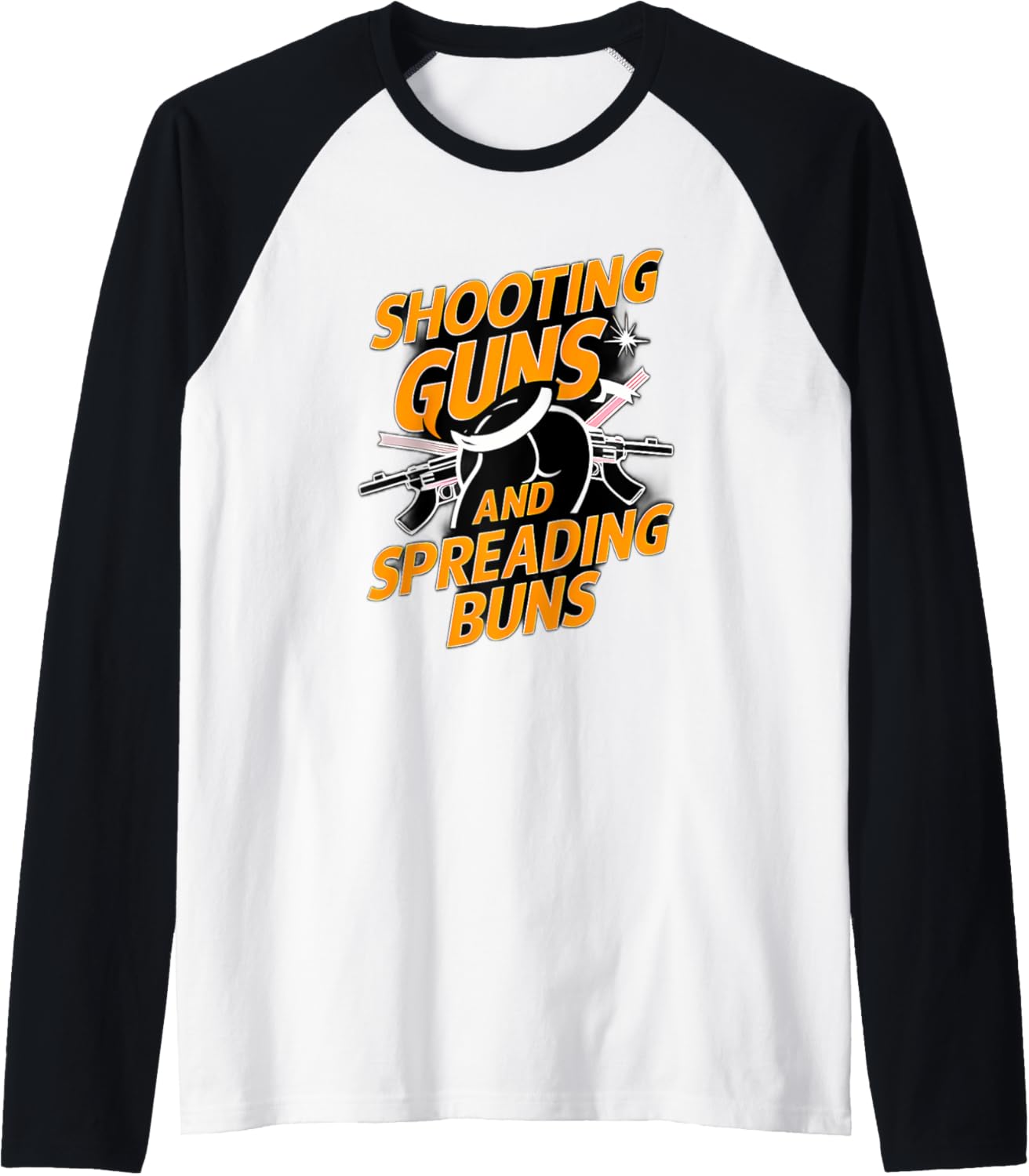 Guns and Buns | Expression Bold Graphic Design Apparel Raglan Baseball Tee