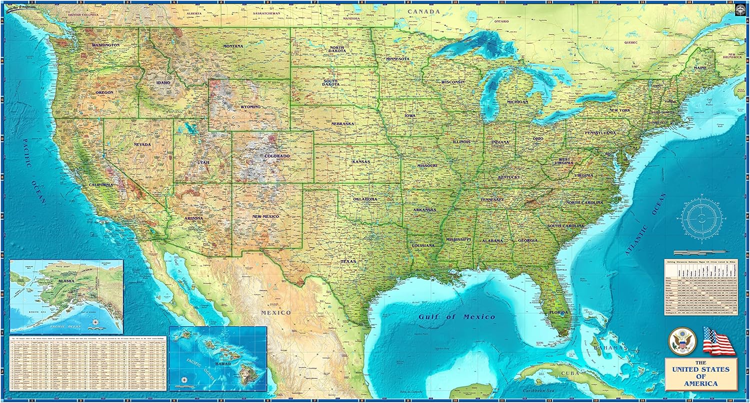 American Map Store 72 W x 40 H - United States of America Wall Map - Extra Large - Features Shaded Relief Topography - Colorful, Decorative