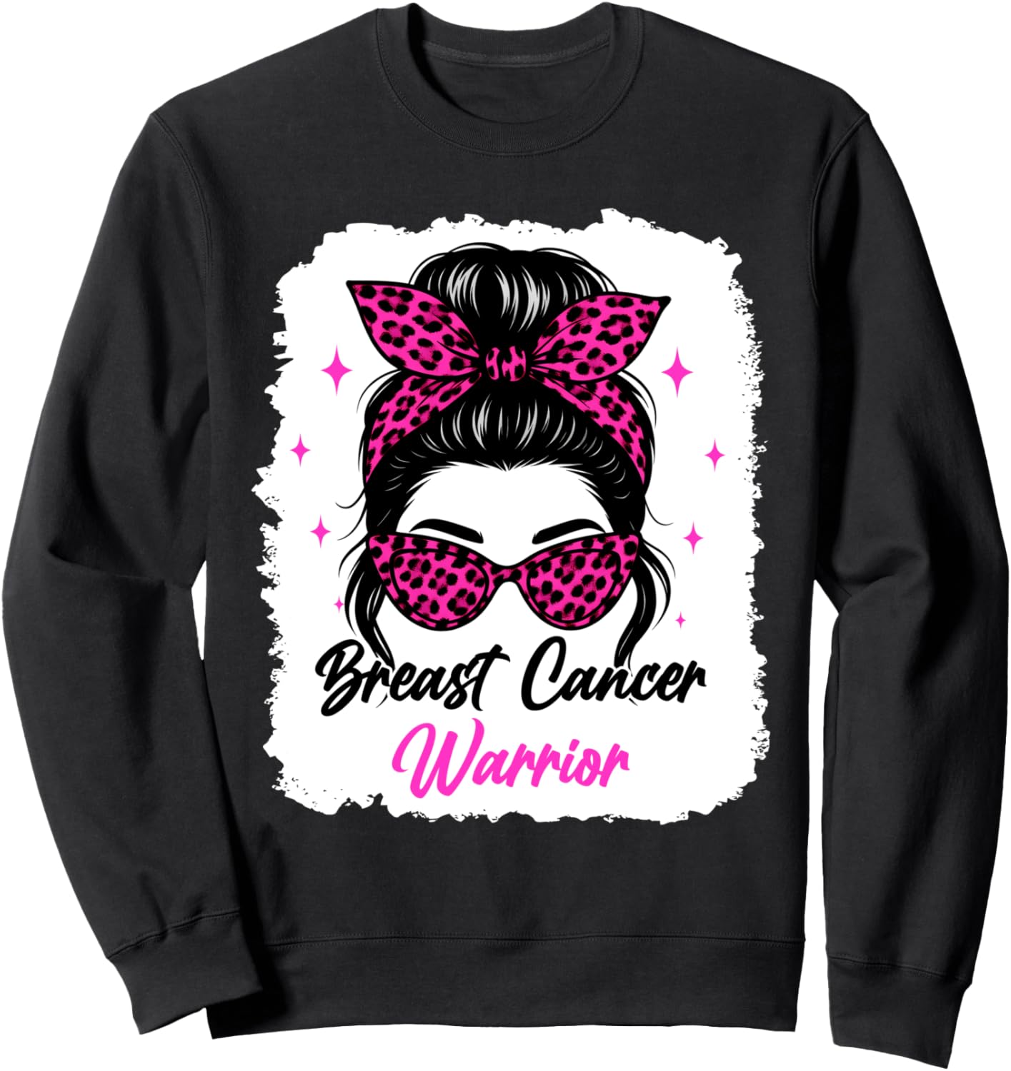 Messy Bun Breast Cancer Warrior Leopard Print Pink Awareness Sweatshirt