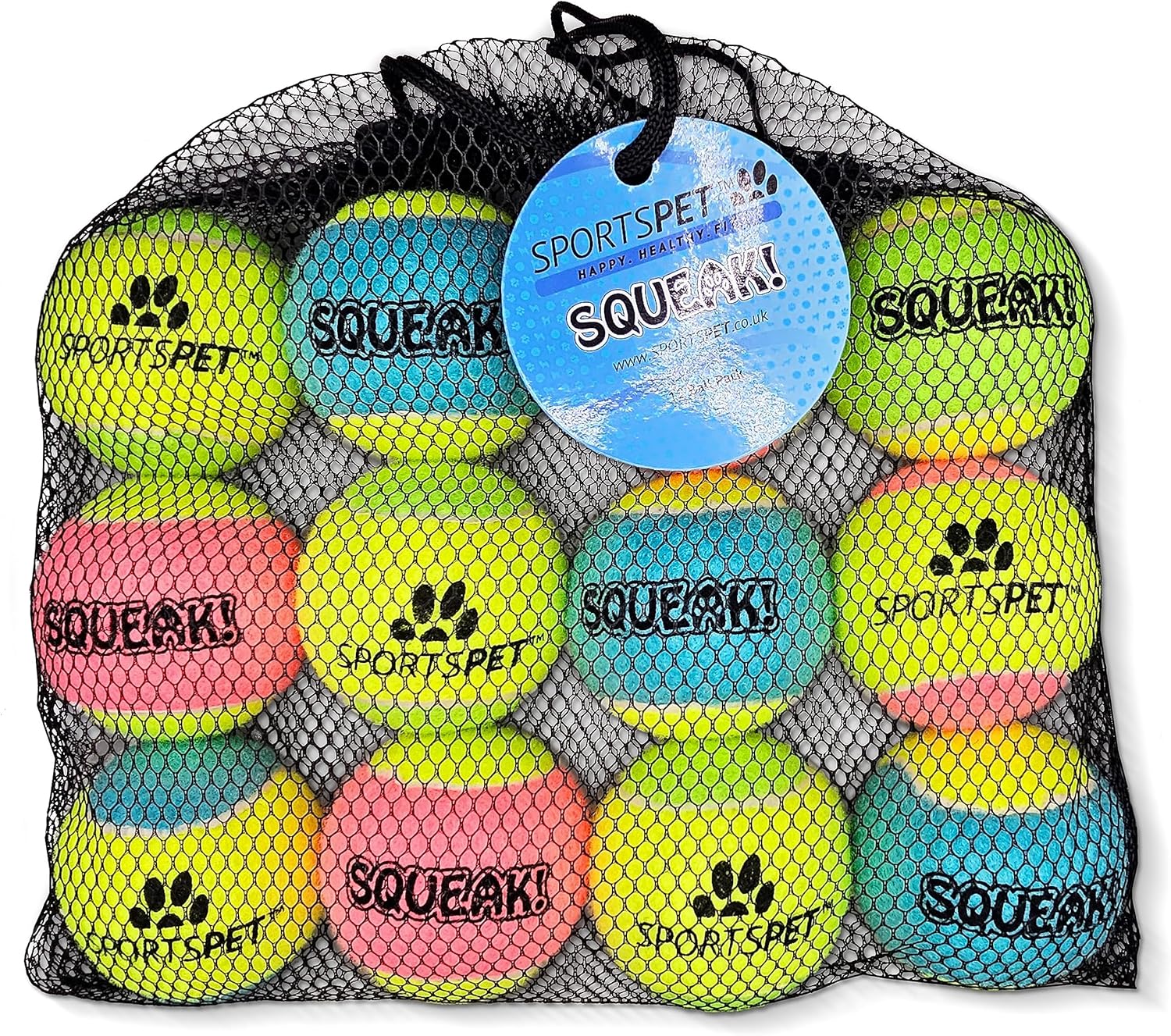 SPORTSPET Squeak Tennis Balls for Dogs - Extra Bouncy - Non Toxic - Durable - Long Lasting - Floats - Squeak Tennis Balls Pack of 12 (64mm)