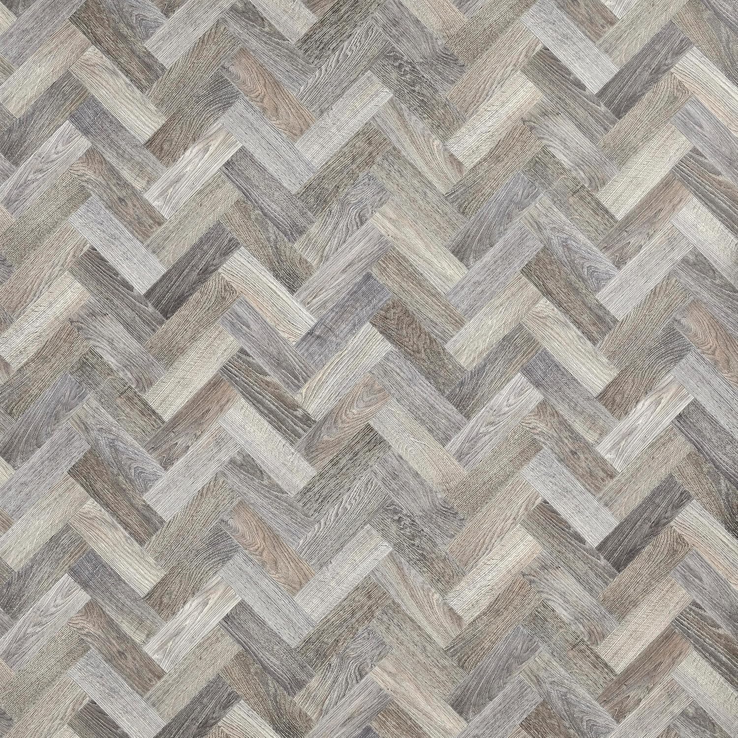 Wood Effect Herringbone Vinyl Sheet Flooring Grey Brown Lino Flooring Roll Anti Slip Water Resistant Bathroom Kitchen Living Room Vinyl Flooring (Rufford Small Herringbone, 3m x 2m)